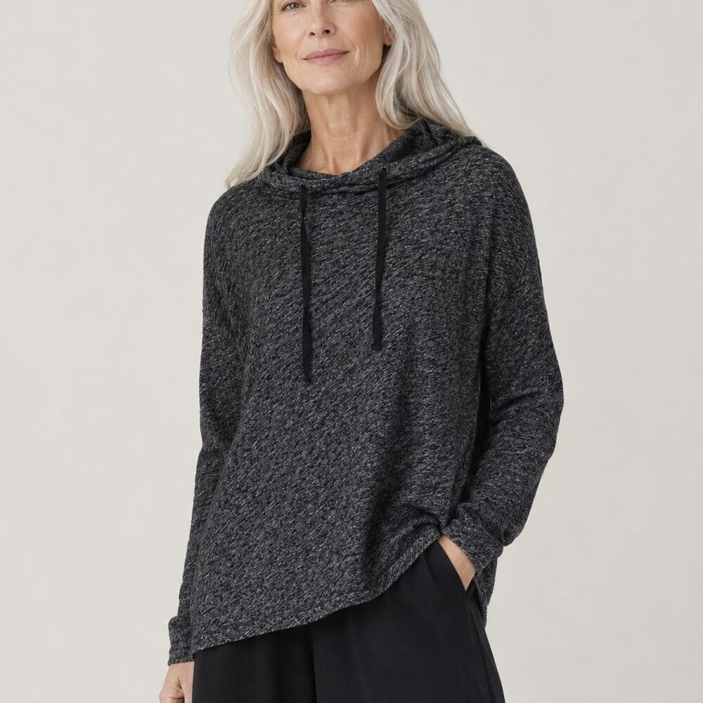 Eileen Fisher Organic Cotton Linen Slub Hooded Sweater top Sz Large